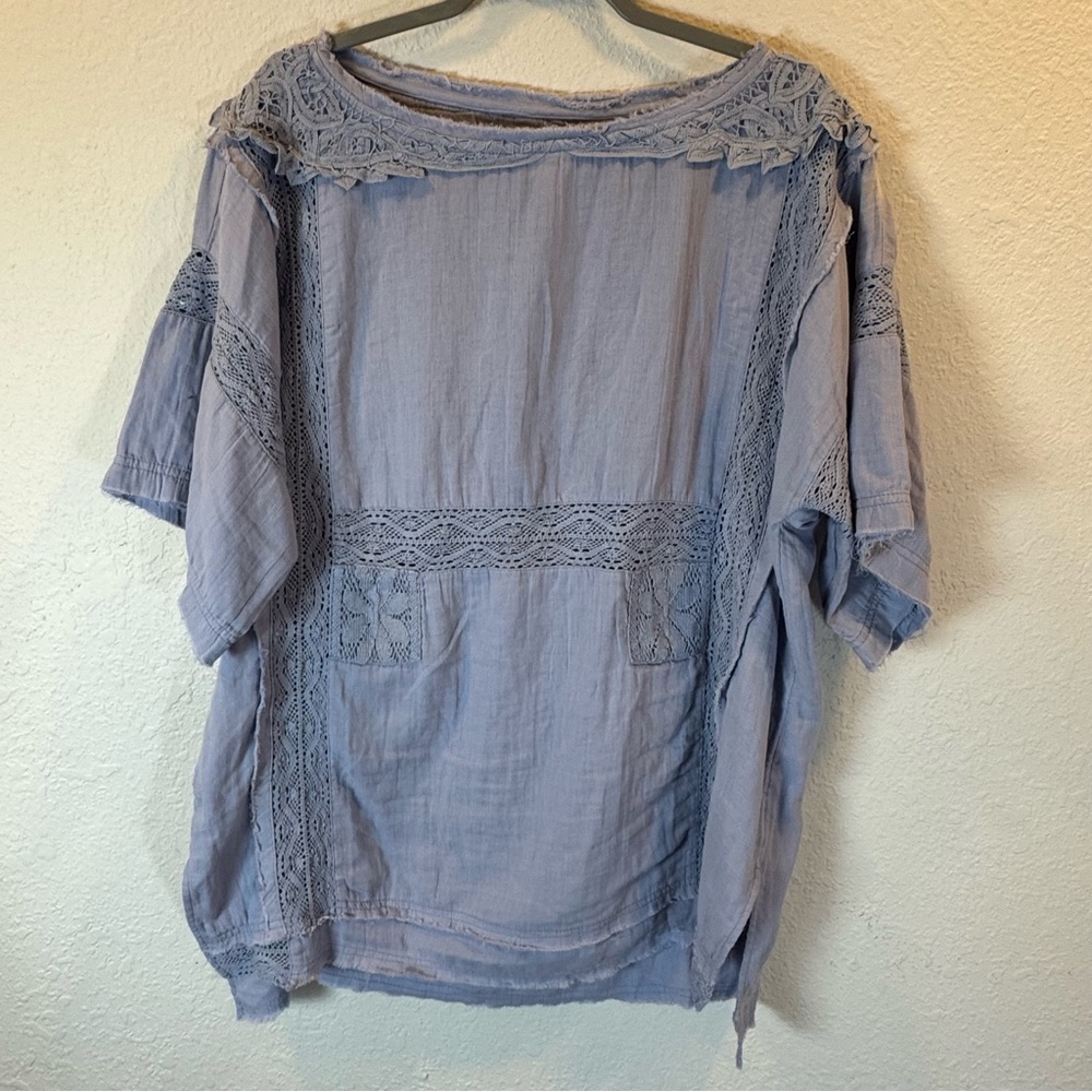 We The Free rustic romantic Lace Accent Blouse - Light Blue